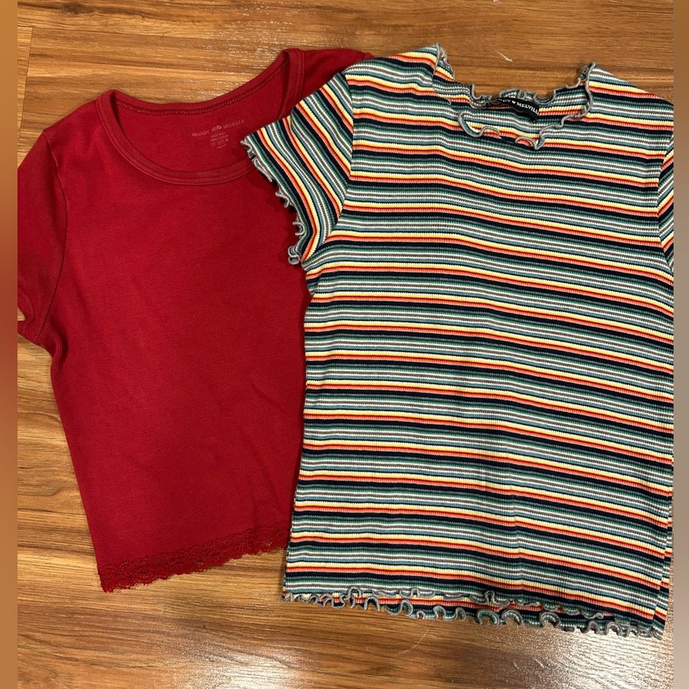 Brandy Melville Red Ribbed Tee & Multicolor Striped Lettuce-Edge Tee Bundle
